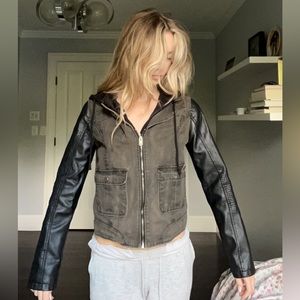 American Eagle Motto Army Green and Leather Hoodie Jacket